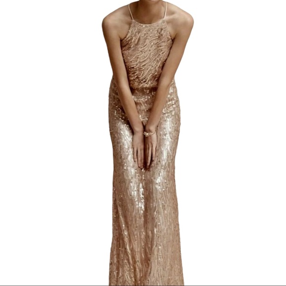 New Donna Morgan x BHLDN Alana size 10 Gold Sequin Maxi Gown - Picture 3 of 10